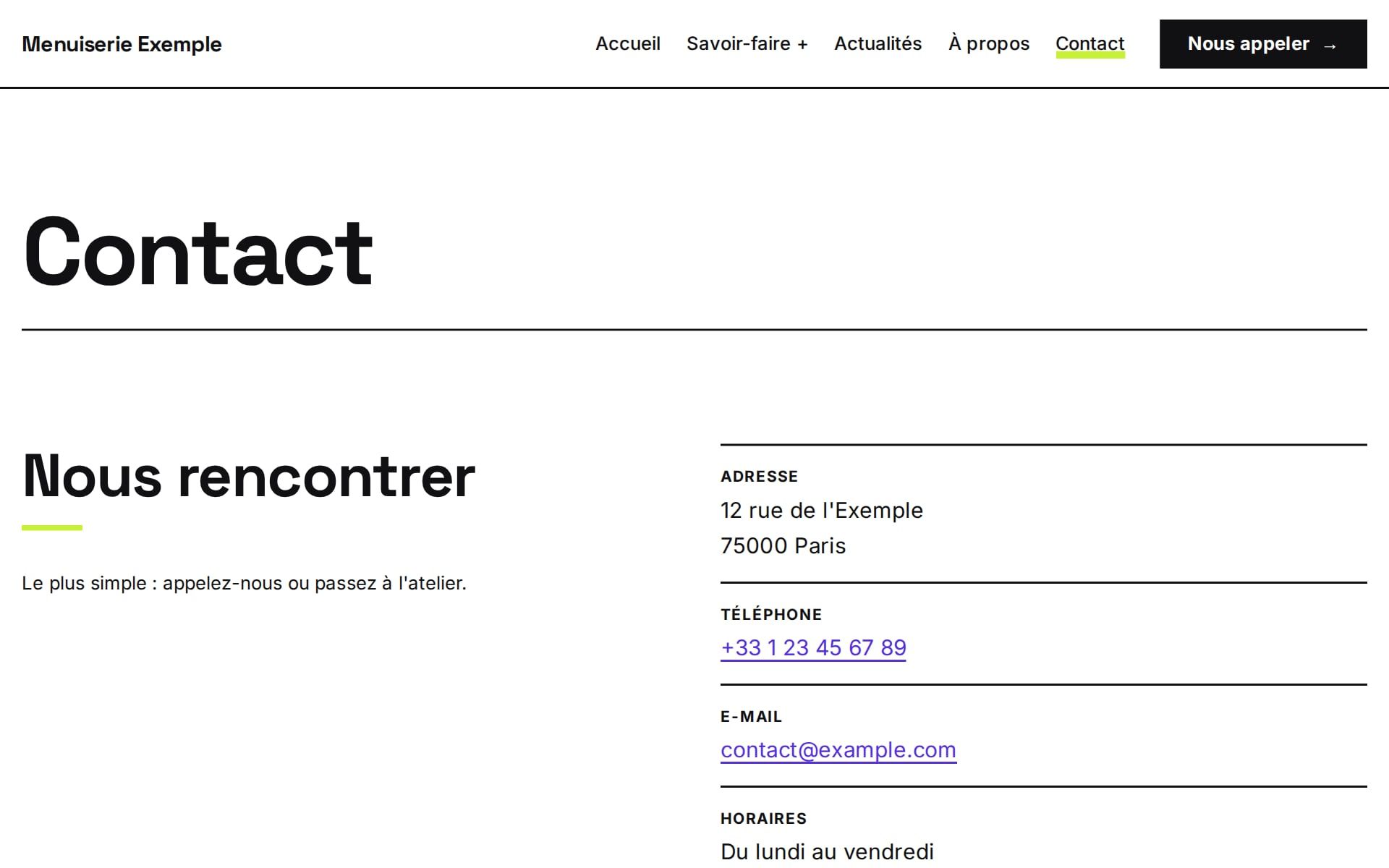 Page de contact du site d'exemple avec le thème contemporain