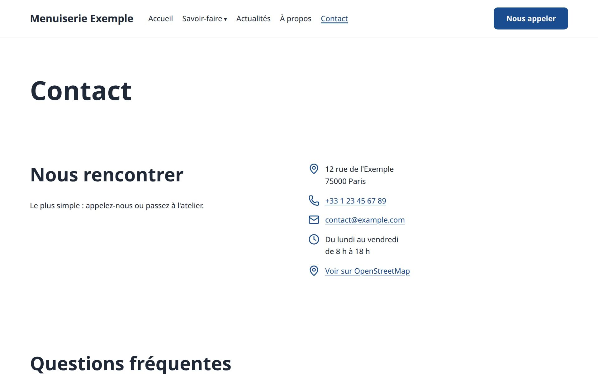 Page de contact du site d'exemple avec le thème de référence